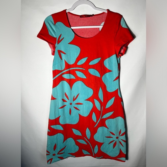 Krimson Klover Tropical Style Dress Peach with Blue Flowers Size M - Picture 1 of 7